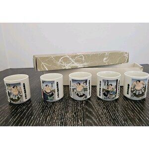 Vintage Japanese Shunga Porcelain Sumo Wrestlers Sake Cups Shot Glasses Set of 5